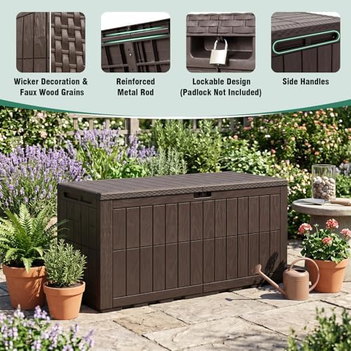 tangkula 100 gallon outdoor storage box with lockable, front angle view