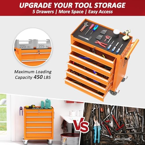 5 drawers rolling tool chest with wheels, portable, close-up detail