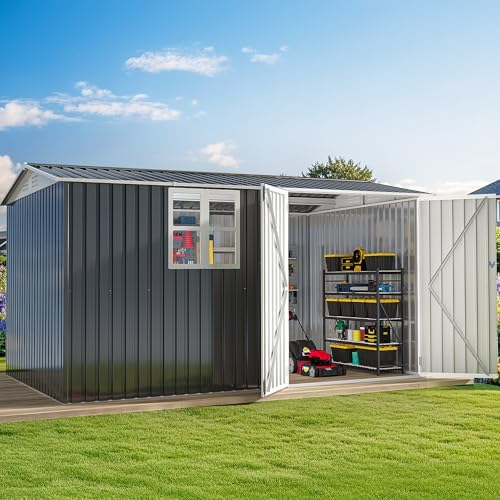 dwvo 12x8 ft outdoor storage shed, metal w/lock shown in use
