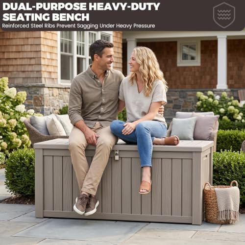 outdoor storage box,150 gallon waterproof deck box [upgraded on a desk or shelf