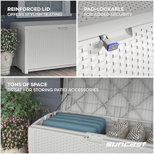 suncast 99 gallon wicker horizontal outdoor deck box showing dimensions
