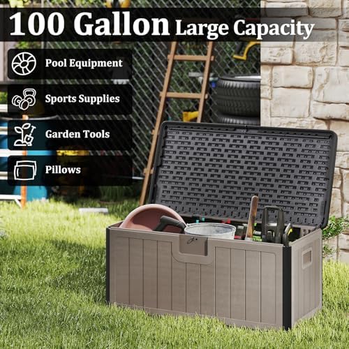 tangkula 100 gallon waterproof outdoor storage box shown in use