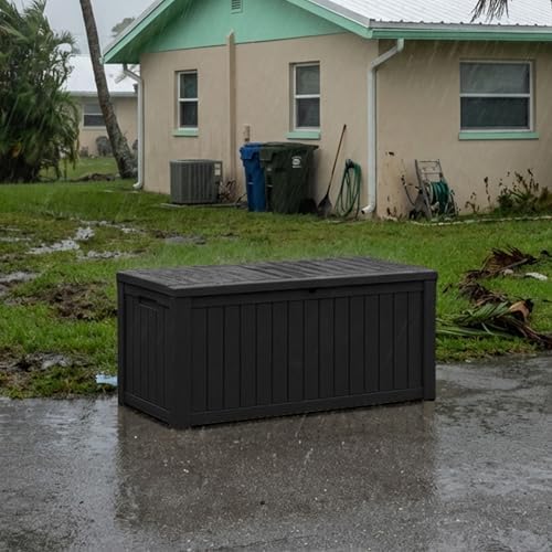 150 gallon outdoor storage deck box waterproof resin, front angle view