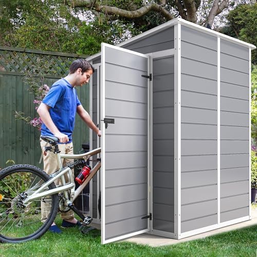 dwvo 5x4ft resin outdoor storage shed with floor shown in use