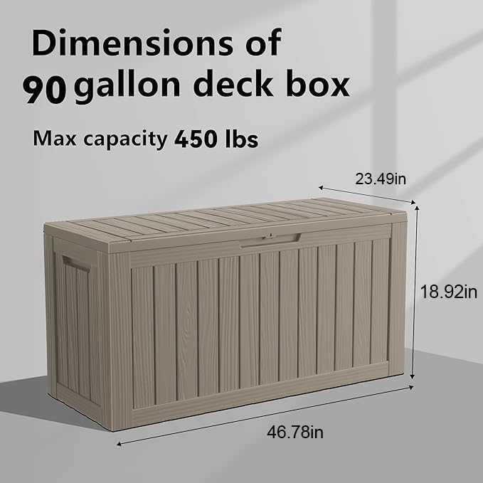 patiozen 90 gallon resin deck box, lockable patio, side view