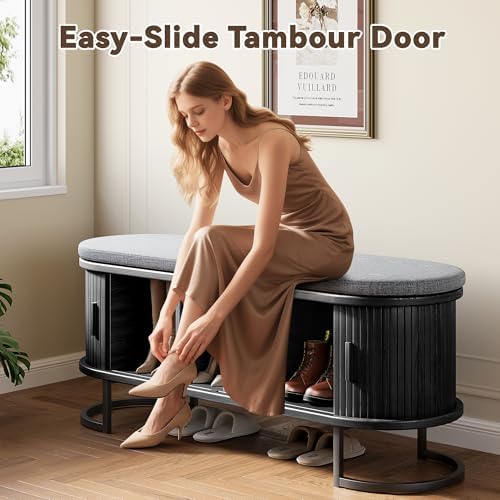 decofy shoe storage bench with cushion and sliding, side view