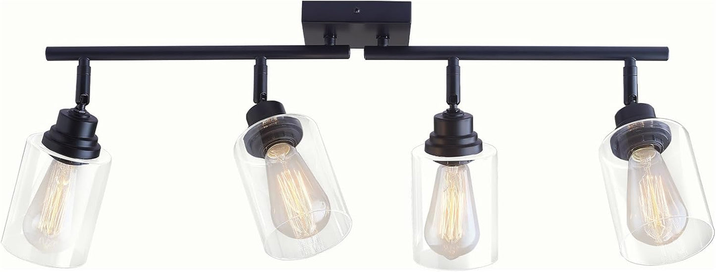 4-Light Black Ceiling Track Lighting E26 Clear Glass Light Fixture | Black metal 4 adjustable heads, clear glass semi flush mount E26 track light for kitchen, bathroom, living room
