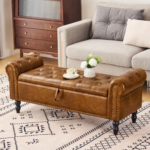 furniliving storage ottoman bench, leather benches end of, front angle view