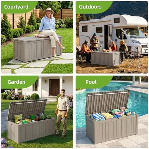 150 gallon outdoor storage deck box waterproof resin on a desk or shelf
