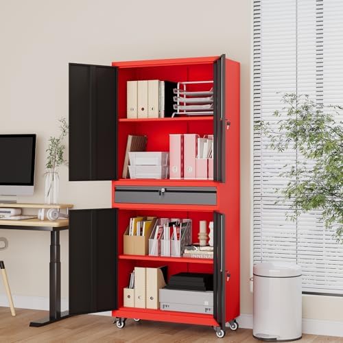 metal garage storage cabinet with wheels, rolling garage, front angle view