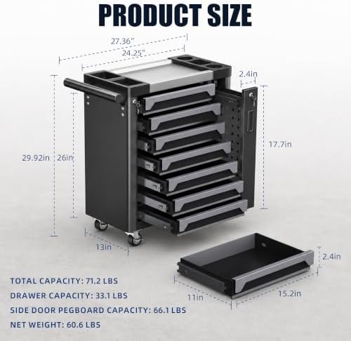 7 drawer rolling tool chest, side drawer, close-up detail