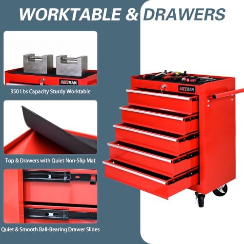 5 drawers rolling tool chest on wheels, multifunctional, side view