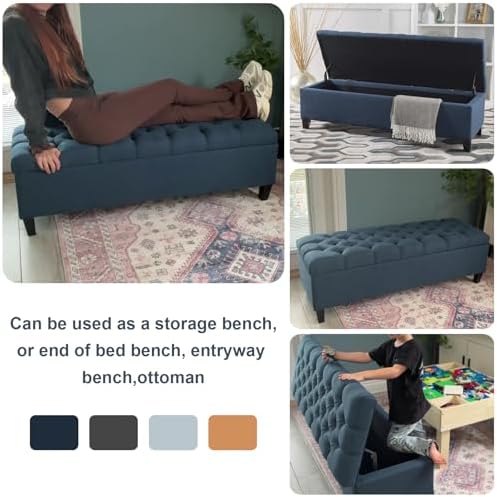 fabric storage ottoman bench, 51" navy blue storage, side view