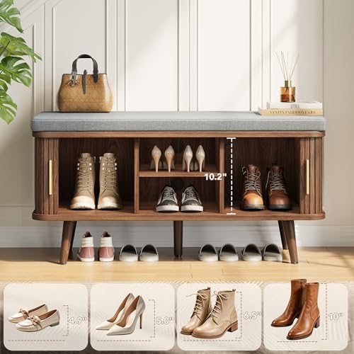 decofy shoe storage bench with cushion and sliding, side view