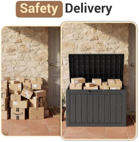drato 60gal weatherproof resin deck box, black lockable showing dimensions