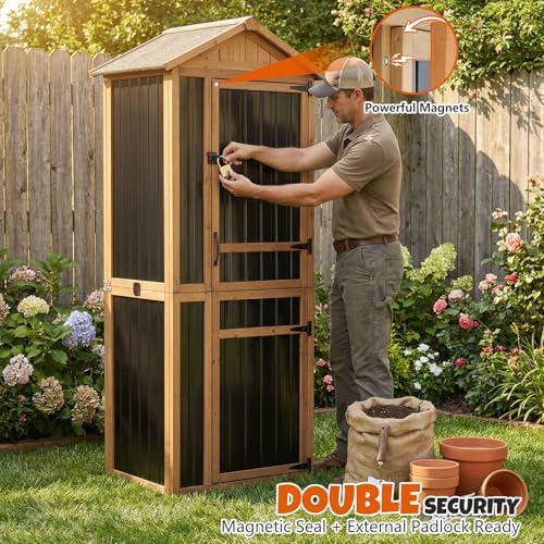 4-tier metal & wood outdoor storage cabinet with showing dimensions