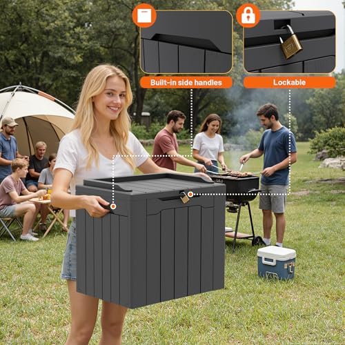 32 gallon deck box outdoor indoor waterproof storage showing dimensions