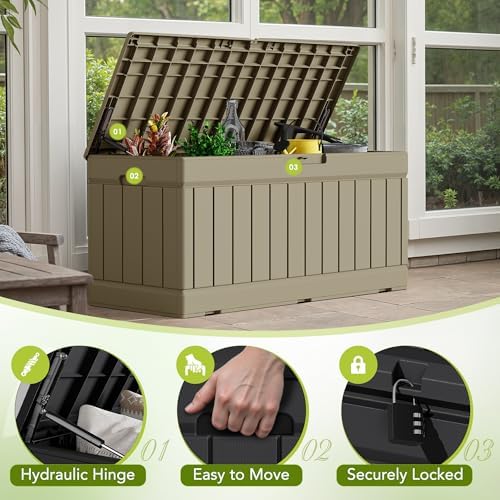devoko 78 gallon deck box, waterproof resin outdoor shown in use
