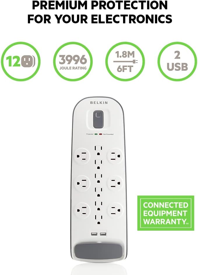 Belkin 12-Outlet USB Power Strip Surge Protector, Flat Plug, 6ft Cord - Image 2