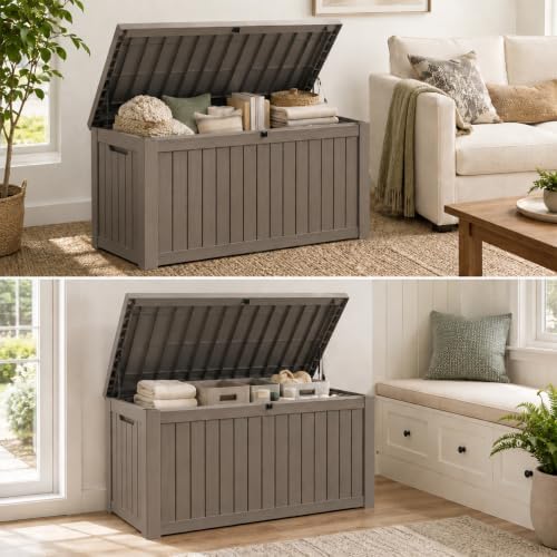 outdoor storage box resin deck box waterproof gray, front angle view