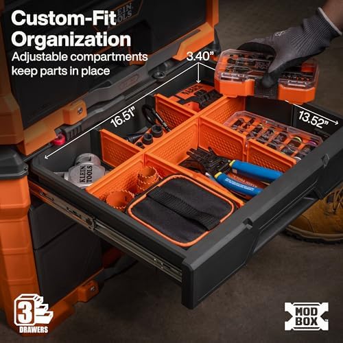klein tools 54890mb modbox three drawer rolling toolbox, close-up detail