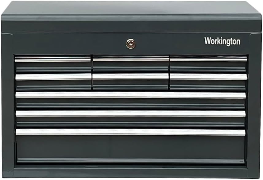 workington portable metal tool chest with 9 drawers, front angle view