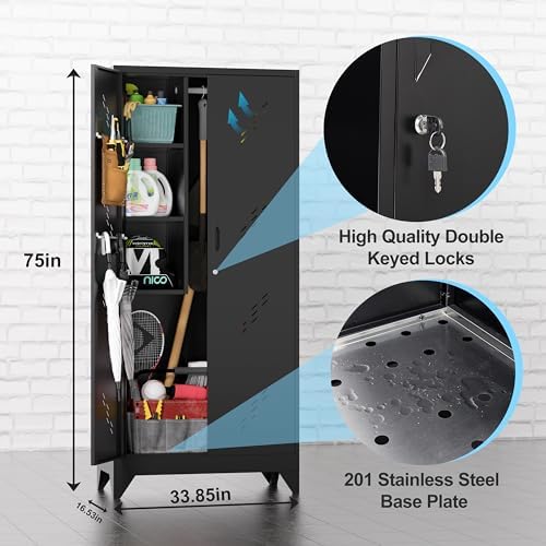 metal storage cabinet, 75" cleaning tool cabinet with, side view