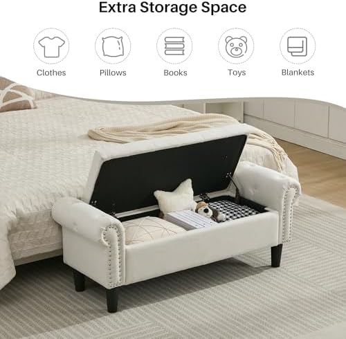 softhion 50" storage bench for bedroom, linen upholstered showing dimensions