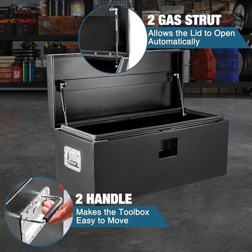 garvee black steel truck bed tool box, trailer showing dimensions