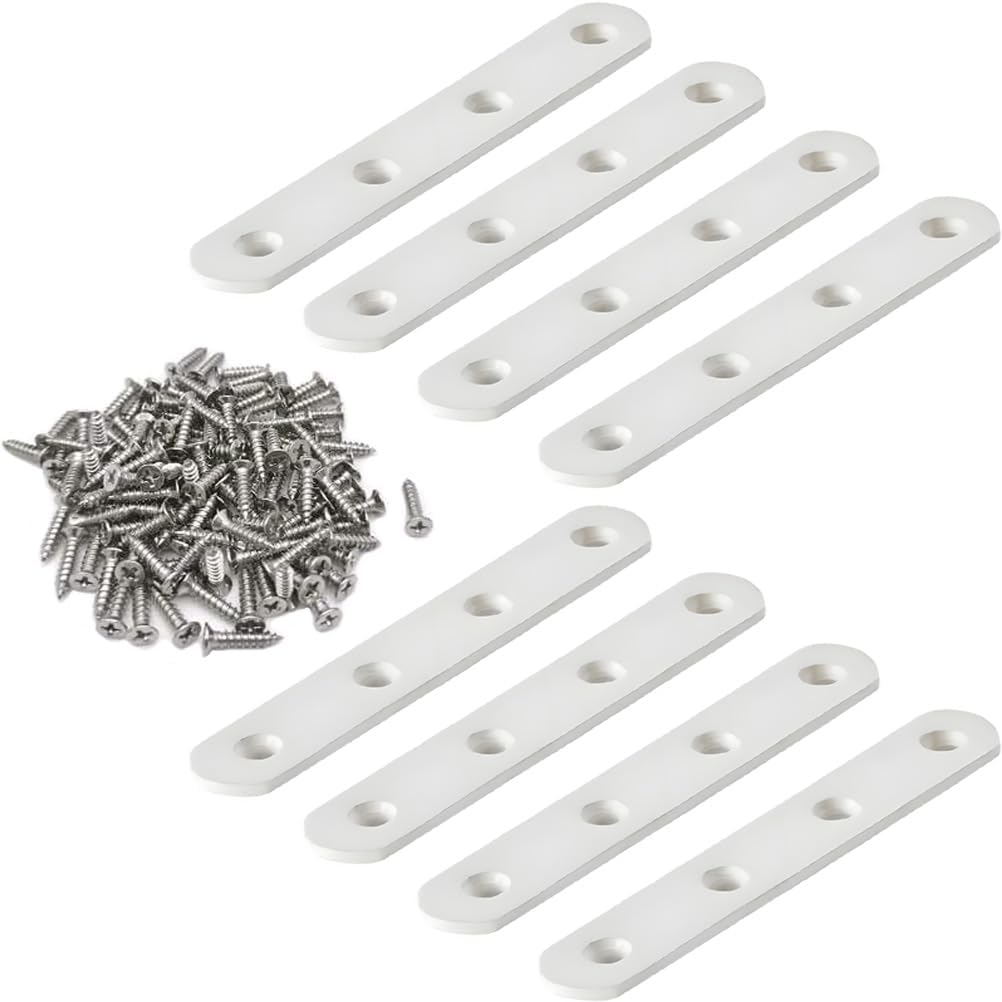 8 Pack 4 Inch Flat Bracket Straight Brace, White Stainless Steel Mending Plates, Heavy Duty Repair Brackets for Wood with Mounting Screws