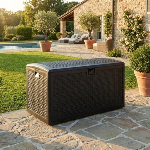 garvee 73 gallon waterproof large resin deck box on a desk or shelf