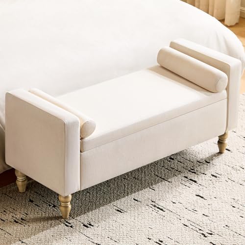 storage ottoman bench, upholstered end of bed bench showing dimensions