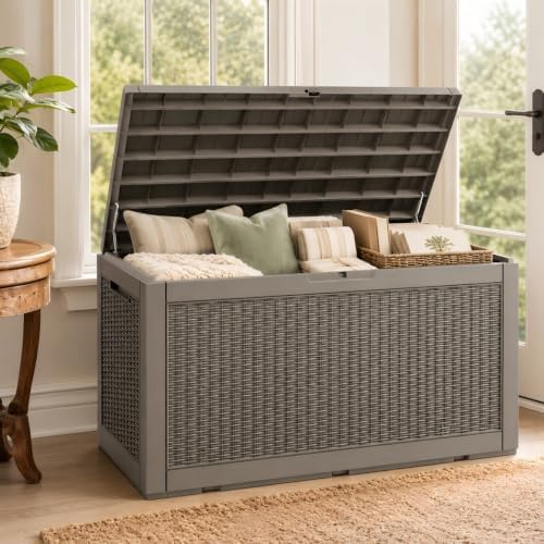 outdoor storage box resin deck box waterproof brownwicker, view 11