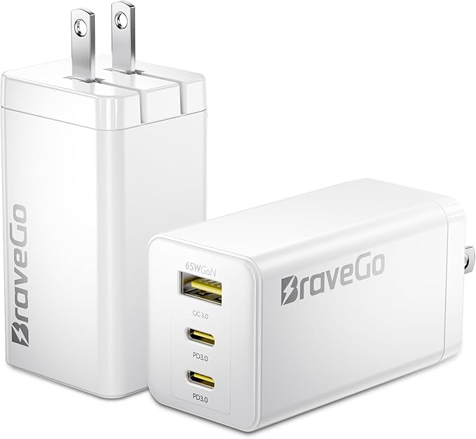 Bravego 65W Charger Block, 3-Port Fast Charging Adapter, GaN Tech, Compact Wall by Unknown