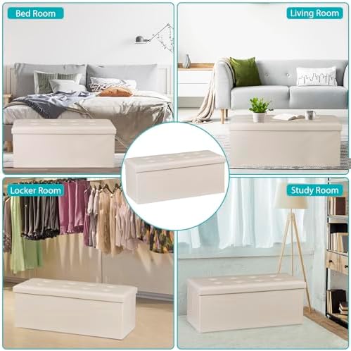 zenstyle 43inches folding storage ottoman bench, faux leather showing dimensions