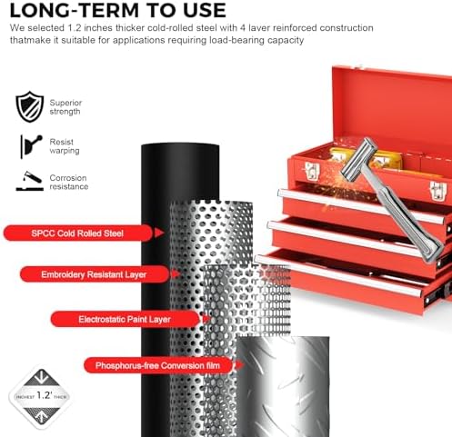 3 drawer metal tool box, portable metal tool showing dimensions