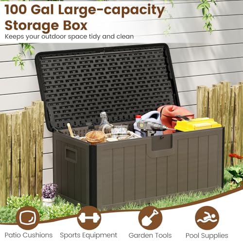 giantex 100 gallon deck box, waterproof resin box showing dimensions