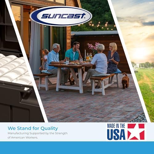 suncast 28 gal, heavy duty storage box, durable, front angle view