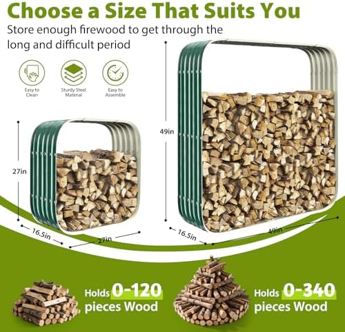27.5 x 27.5 inch square green firewood rack,log, front angle view