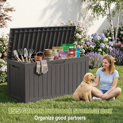 drato 155 gallon deck box waterproof outdoor storage shown in use