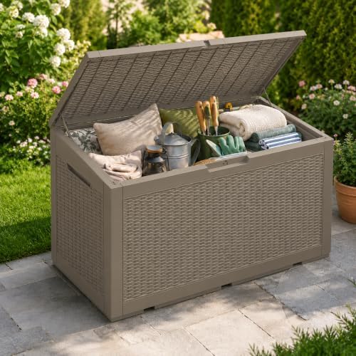 outdoor storage box resin deck box waterproof brownwicker, view 10