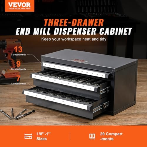 vevor end mill dispenser cabinet, three-drawer, end mill, close-up detail