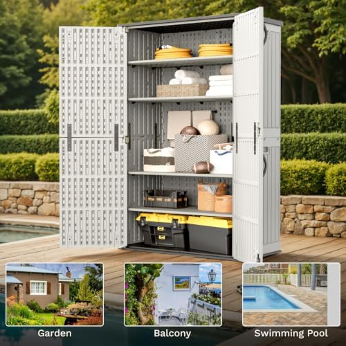 patiowell 50 cu.ft resin horizontal outdoor storage shed on a desk or shelf