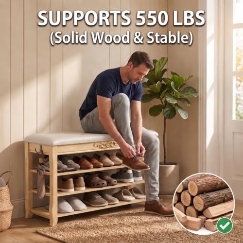 shoe rack bench entryway storage with leather cushion, side view