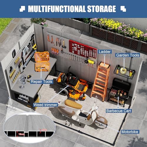 domi 6x11ft outdoor storage shed with double lockable shown in use