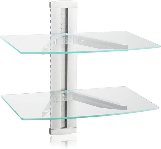 suptek 2 Tiers Glass Floating Shelves, Flat Black Wall Mount Bracket, AV Shelf by suptek