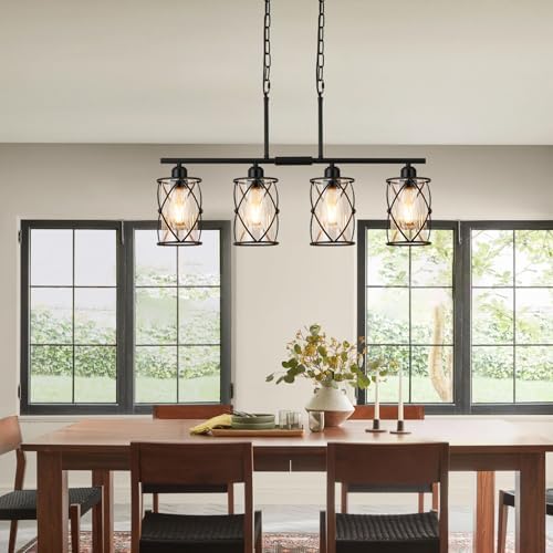 4-Light Kitchen Island Lighting, Modern Black Dining Room Light Fixtures with Clear Glass, Farmhouse Industrial Linear Chandelier Pendant Light with Adjustable Chain, CH9176BK-4IS
