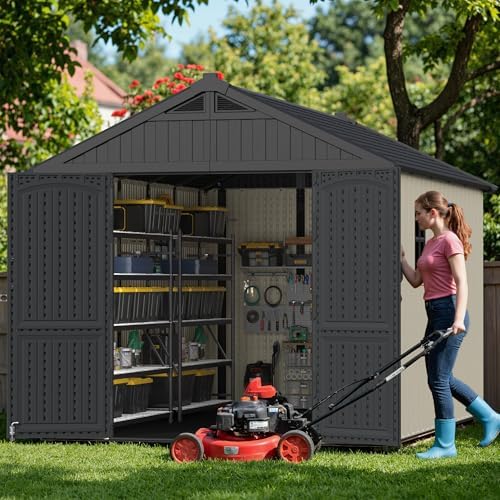 greesum 8x12ft plastic outdoor storage shed with floor on a desk or shelf
