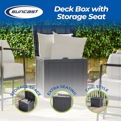 suncast 2 pack small deck box storage w/bench shown in use