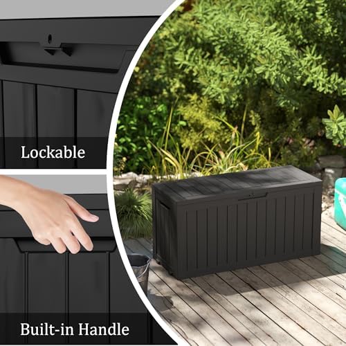 outdoor storage box waterproof with wheels, 76 gallon, side view